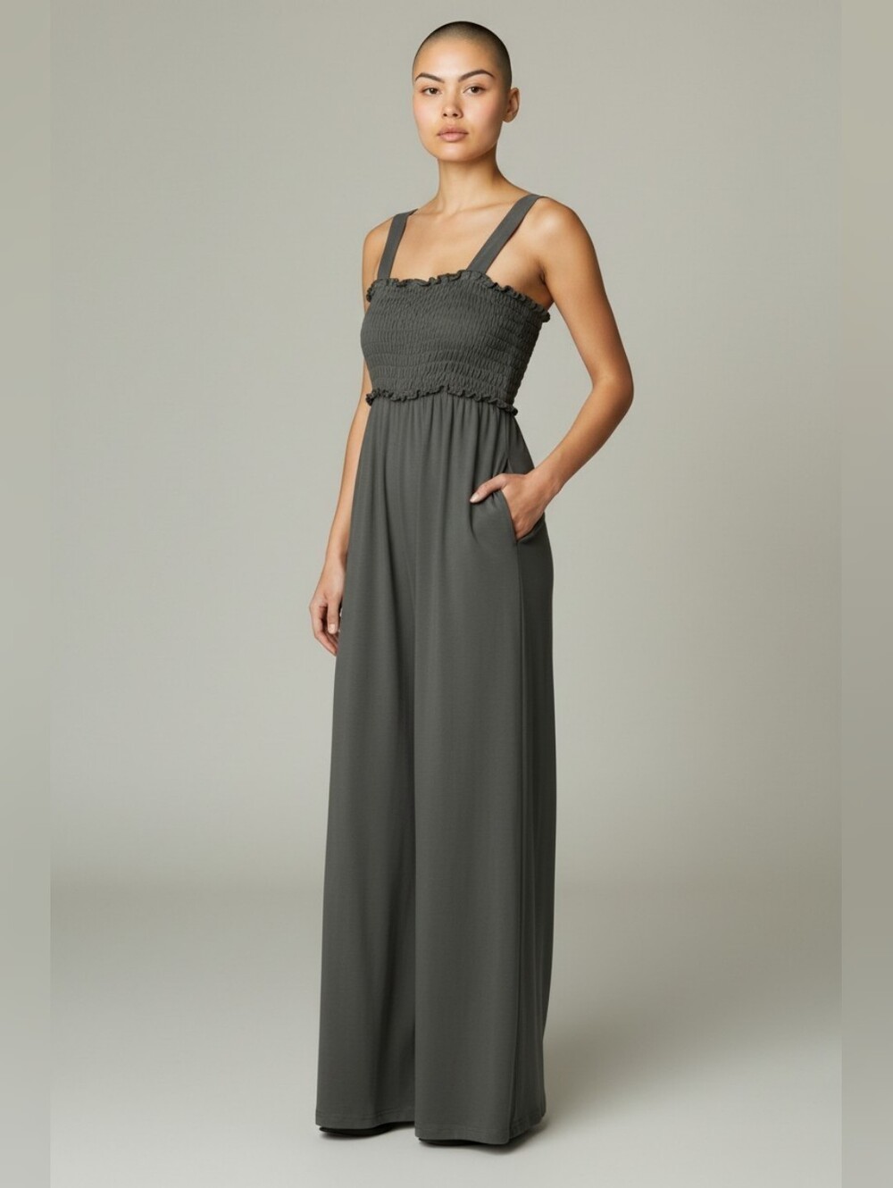 Women's Smocked Strap Wide-Leg Jumpsuit - Hunter Green